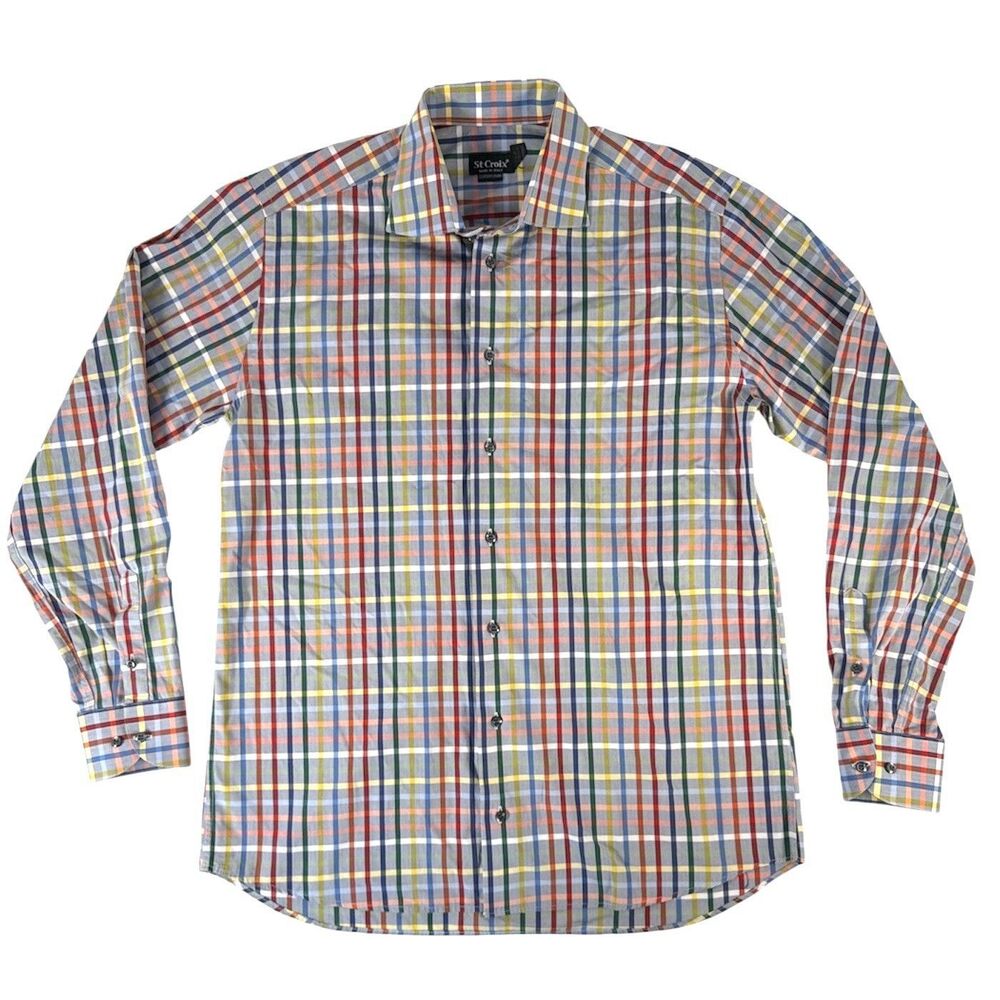 St Croix Men's Medium Plaid Button Down Shirt Cotton Multicolor Long Sleeve